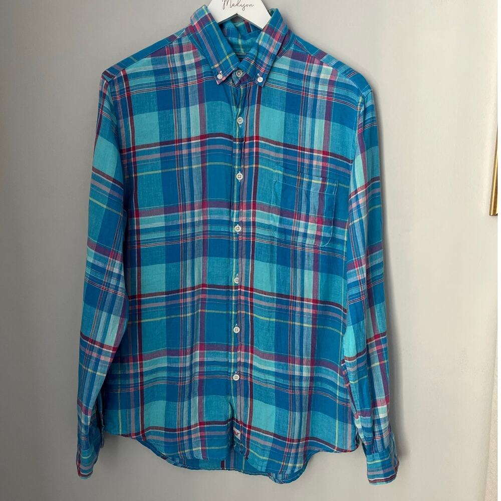 Vineyard Vines Bowline Plaid Slim Murray Shirt Linen Blue Mens Size Medium